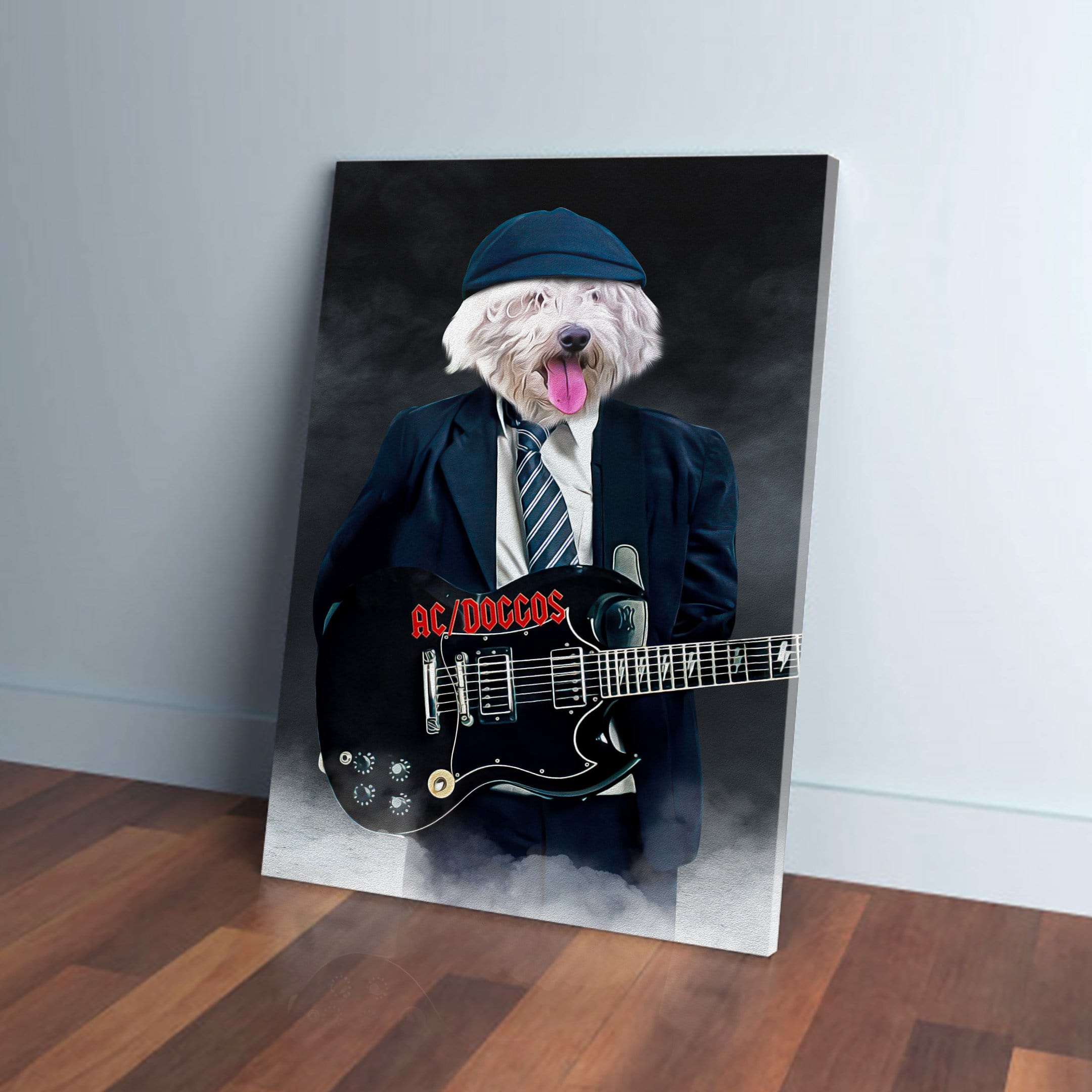 White fluffy dog's head on a body wearing a blue suit, tie, and cap, holding a black AC/DOGGO guitar on a canvas.