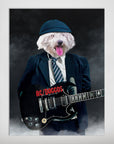 Personalized matte poster featuring a white fluffy dog in a navy suit, cap, and tie, holding a black electric guitar with "AC/DOGGOS" in red.