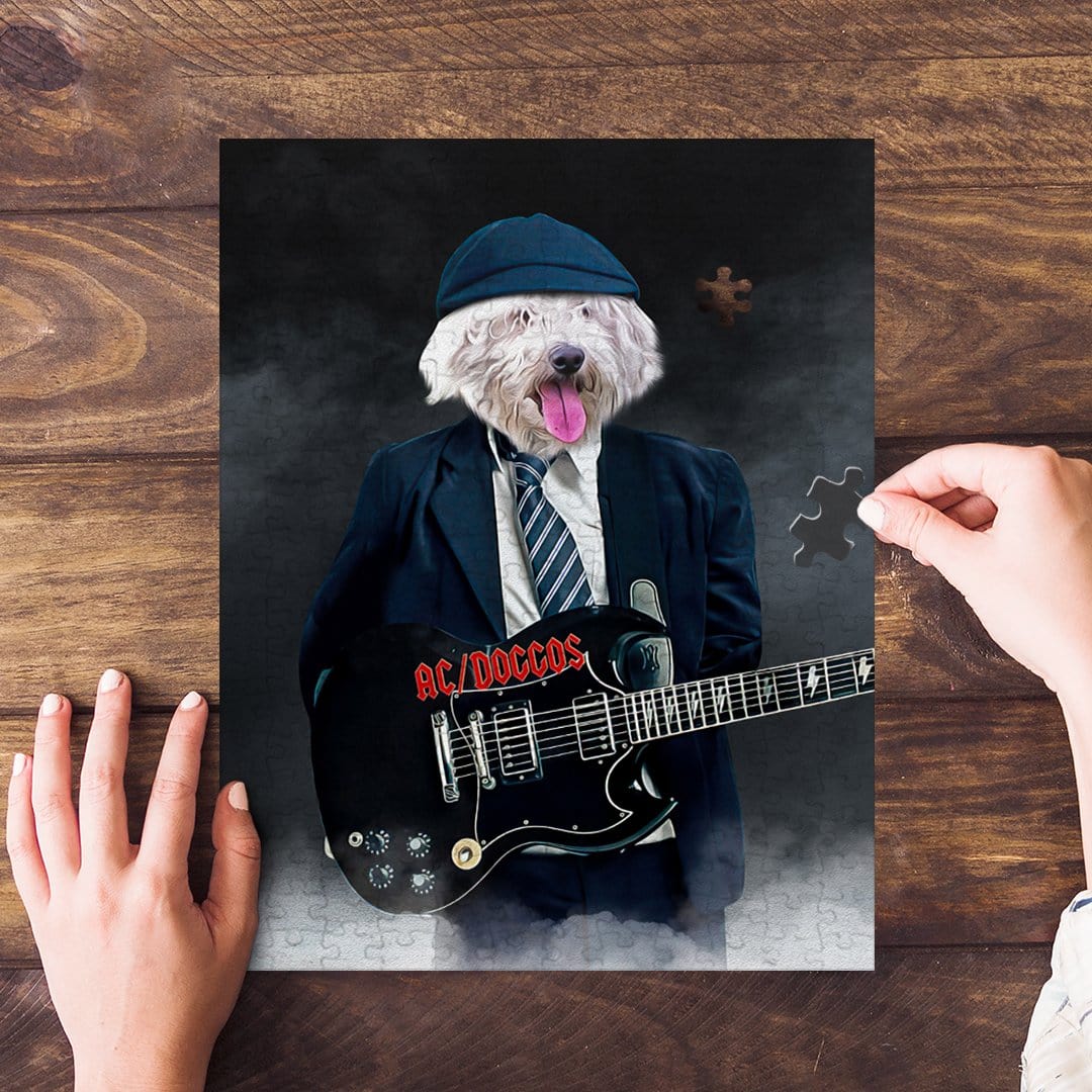 Personalized AC/Doggo pet puzzle featuring a white dog in a suit playing a black guitar.