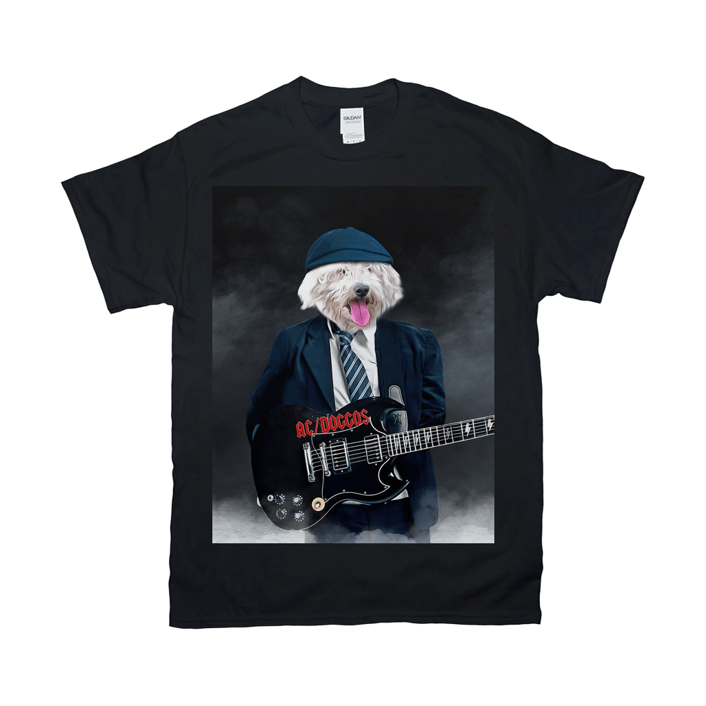 Black Gildan t-shirt with a white dog in a suit, hat, and tie, playing a black electric guitar with "AC/DOGGO" on it.