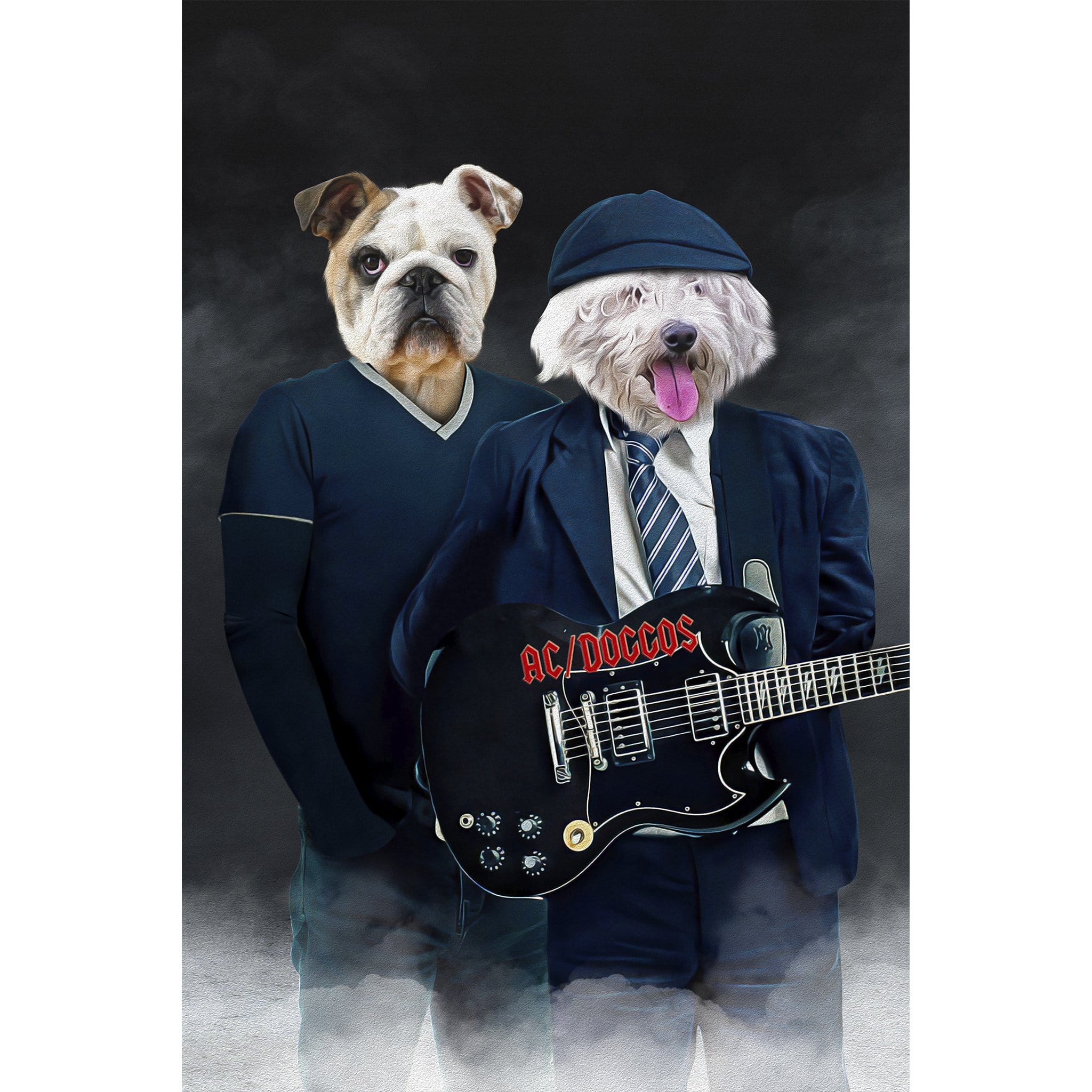 Custom digital portrait of two dogs dressed as AC/DC band members, one holding a guitar.