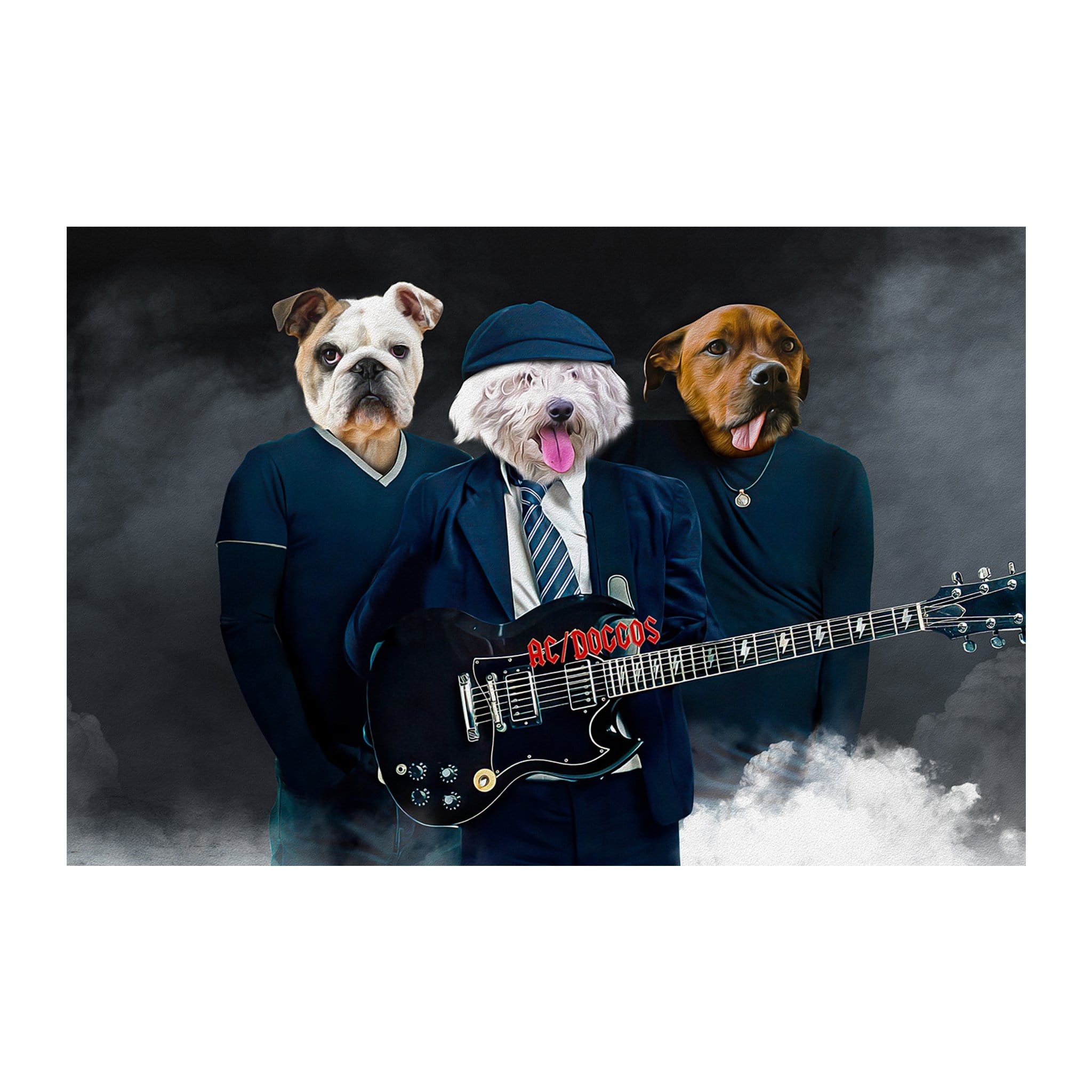 Custom AC/Doggos 3-pet digital portrait featuring dogs in rock band attire with a guitar.