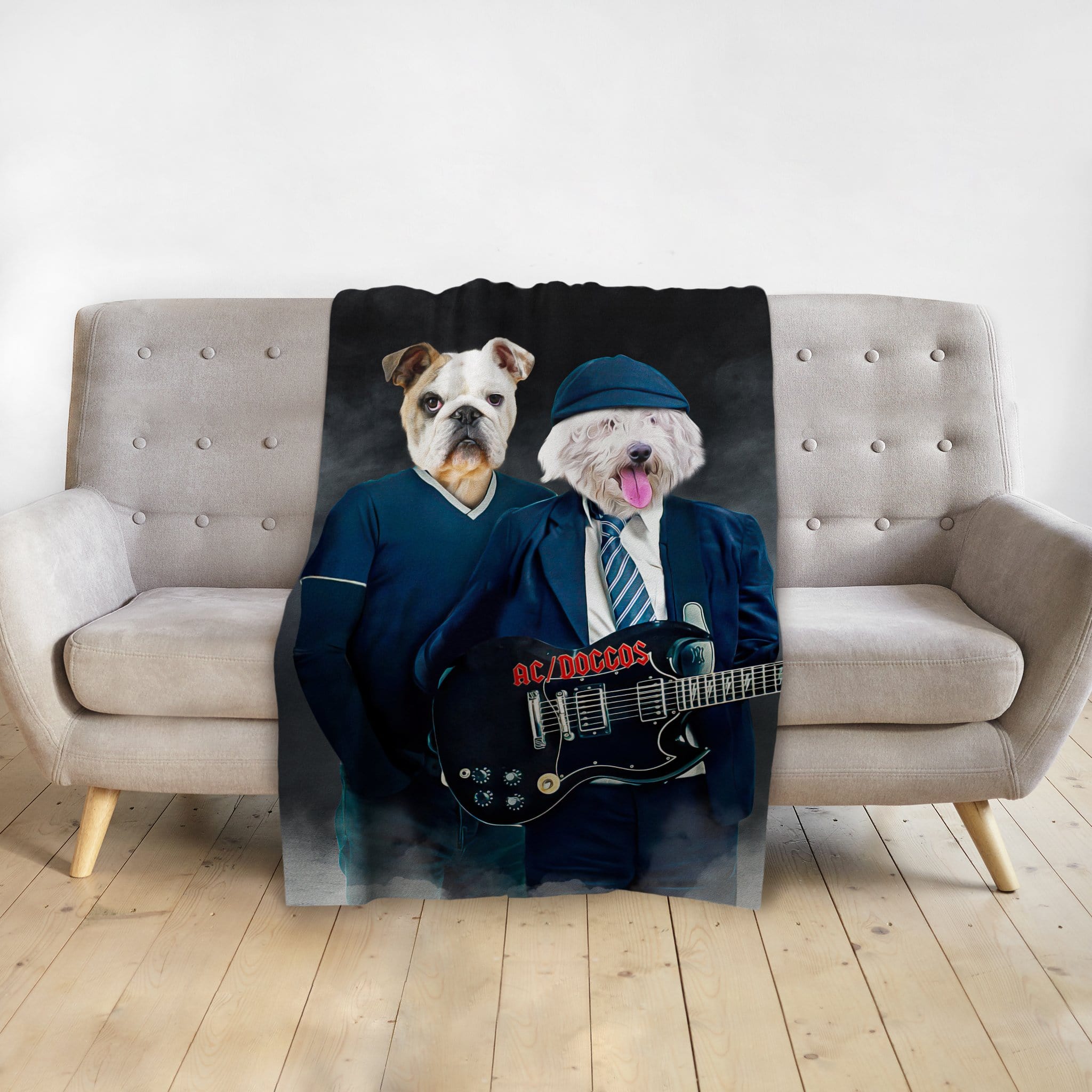 Personalized AC/Doggos pet blanket featuring a bulldog and a white fluffy dog in renaissance-style portraits.
