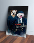 Custom AC/Doggos pet canvas featuring a bulldog and a white fluffy dog in rock band outfits.