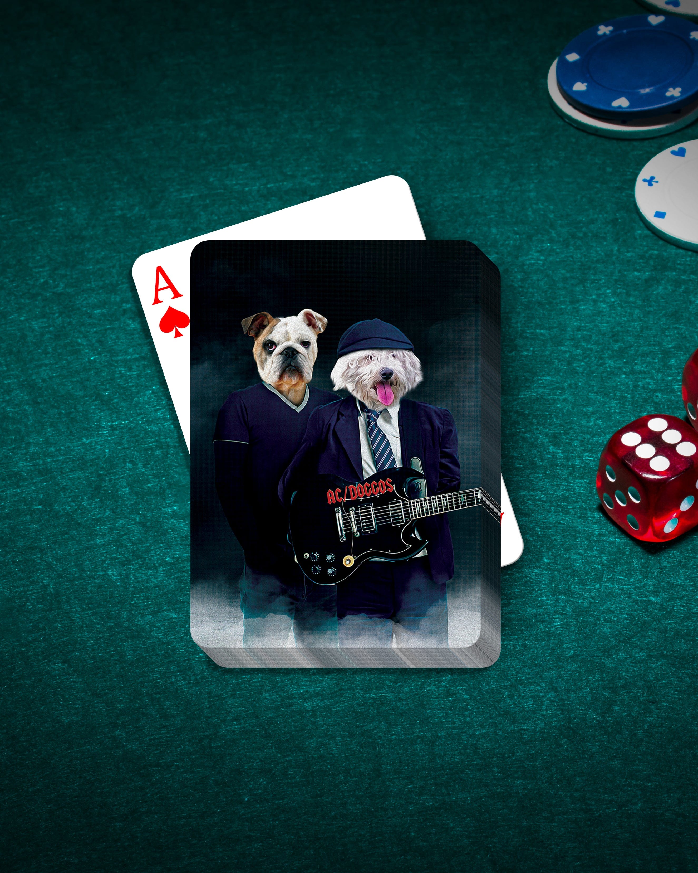 Personalized AC/Doggos playing cards featuring a custom portrait of two dogs as rock musicians.