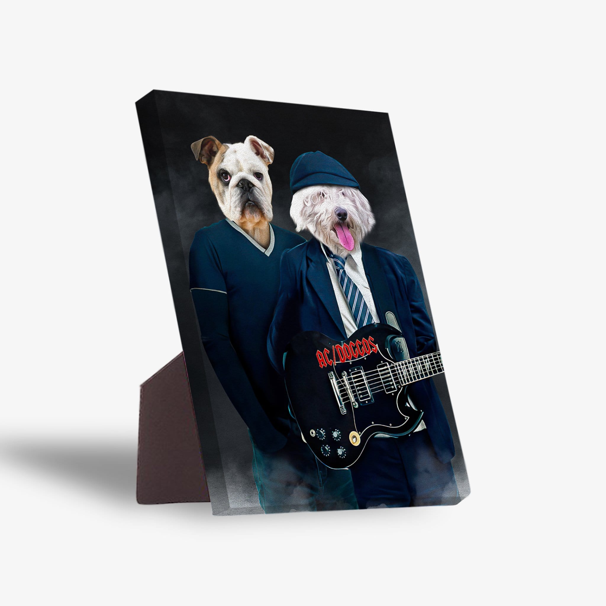 Personalized AC/Doggos standing canvas featuring two pets as rock stars, one in a blue shirt, the other in a suit playing guitar.