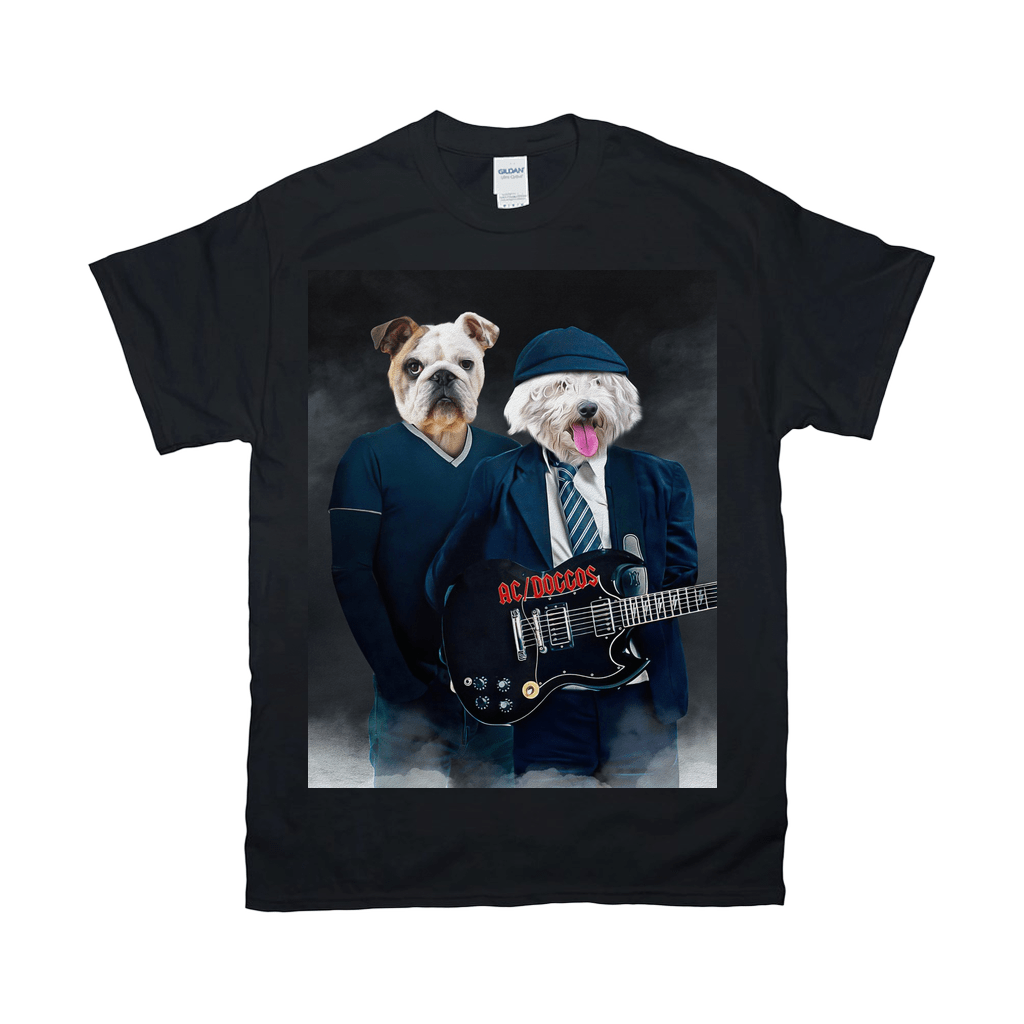 Black Gildan unisex t-shirt featuring two dogs dressed as AC/DC band members, one playing a black guitar.