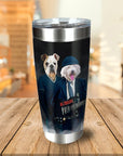 Personalized stainless steel tumbler with two pet portraits in AC/DC rock band costumes.
