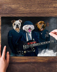 Personalized AC/Doggos 3-pet puzzle featuring dogs in rock band outfits, with hands assembling pieces.