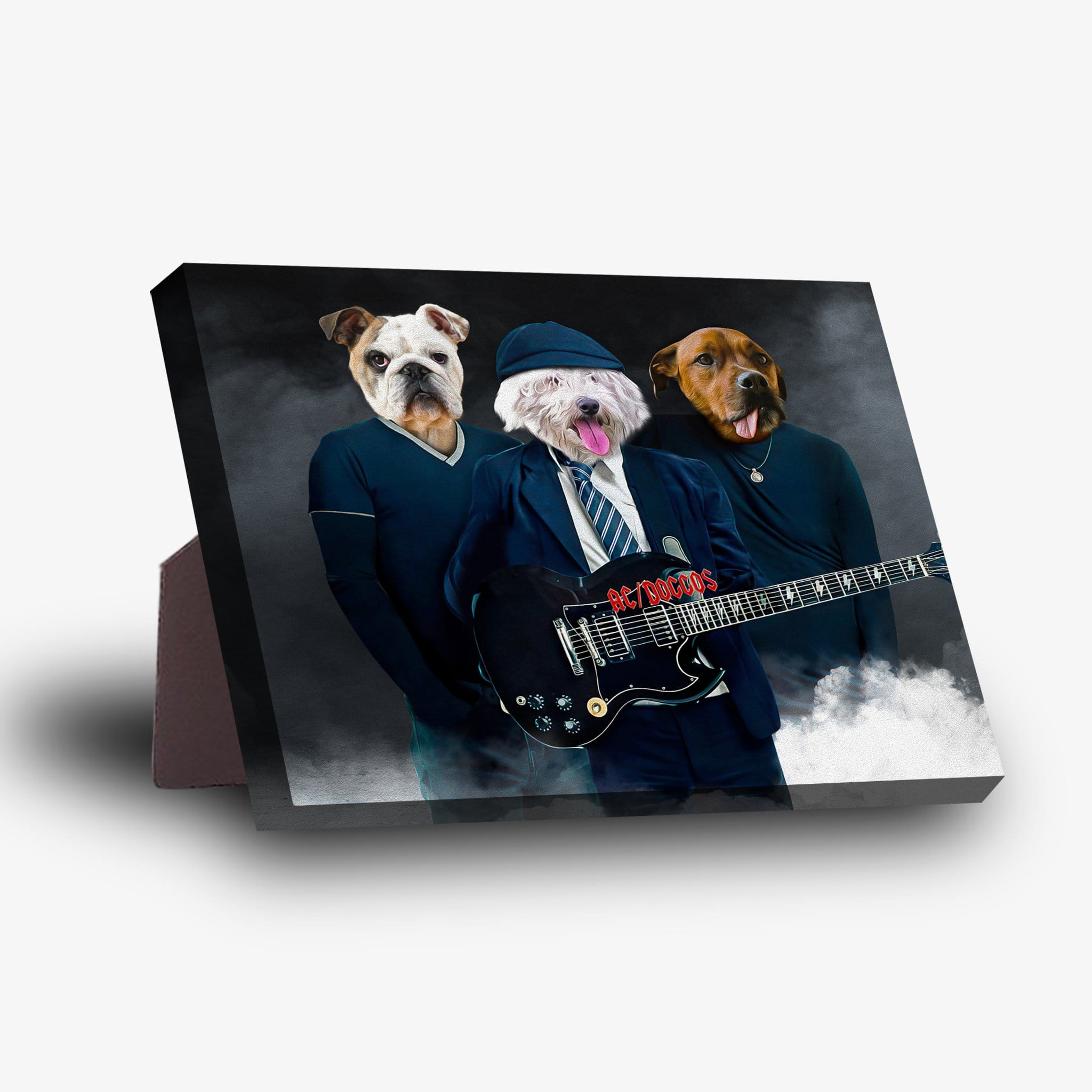 Personalized AC/Doggos 3-pet standing canvas featuring dogs in rock band attire, black background.