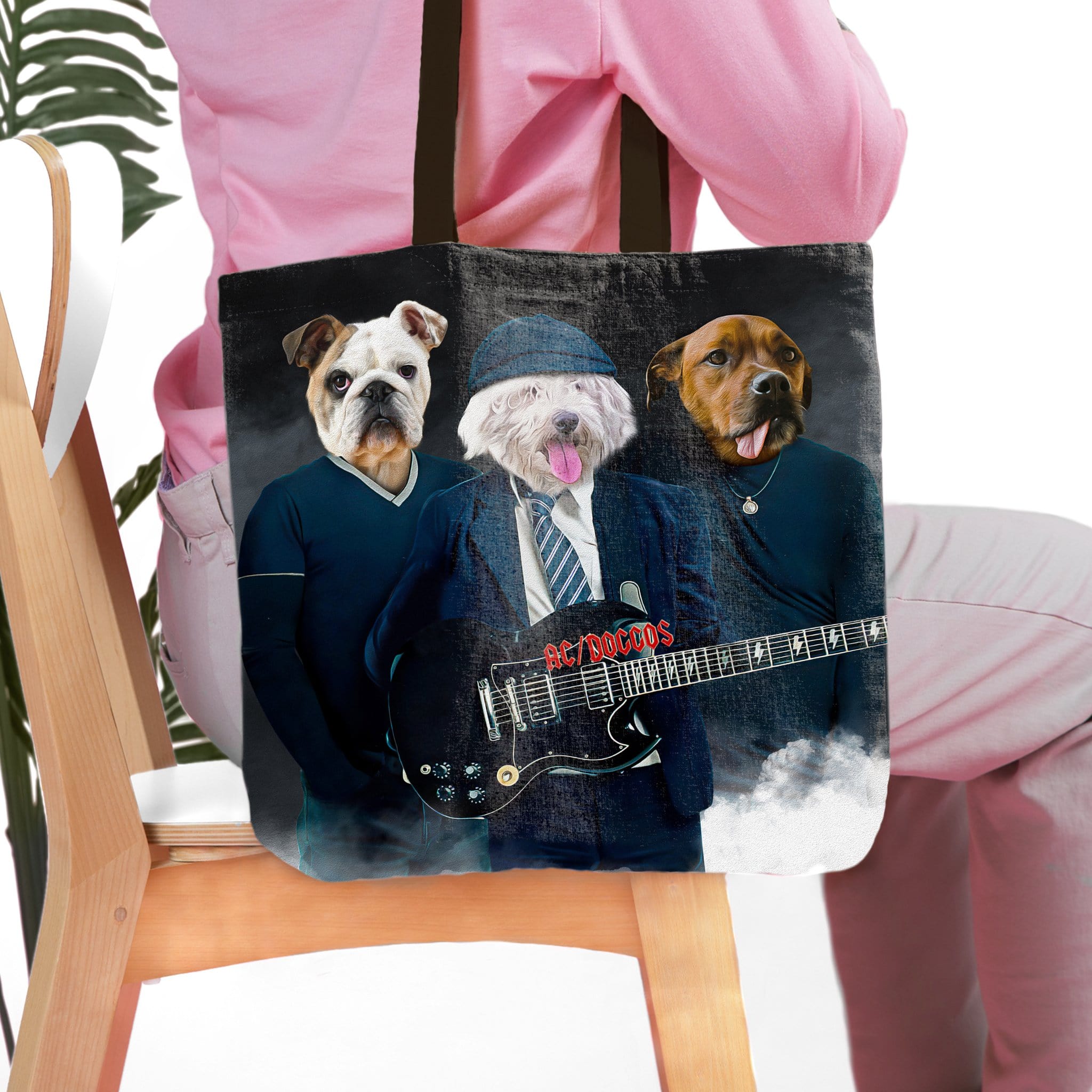 Personalized black tote bag with three custom pet portraits in AC/DC rock band style.