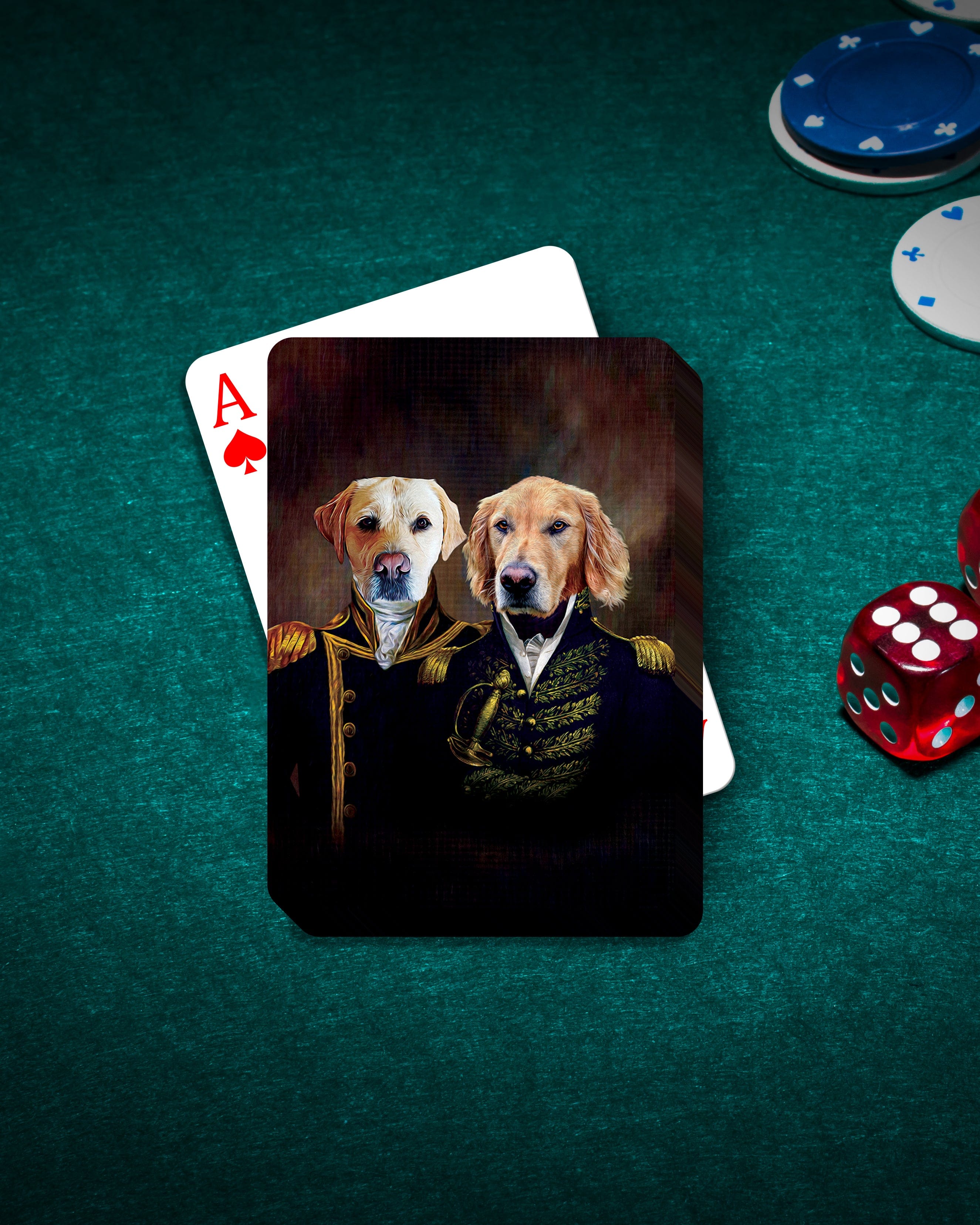 Custom personalized playing cards featuring two dogs in Admiral and Captain renaissance portraits.