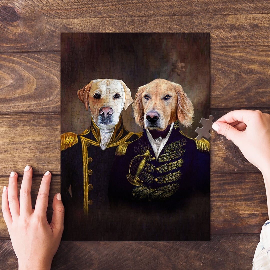 Personalized "Admiral and Captain" puzzle featuring two dogs in renaissance-style military uniforms.