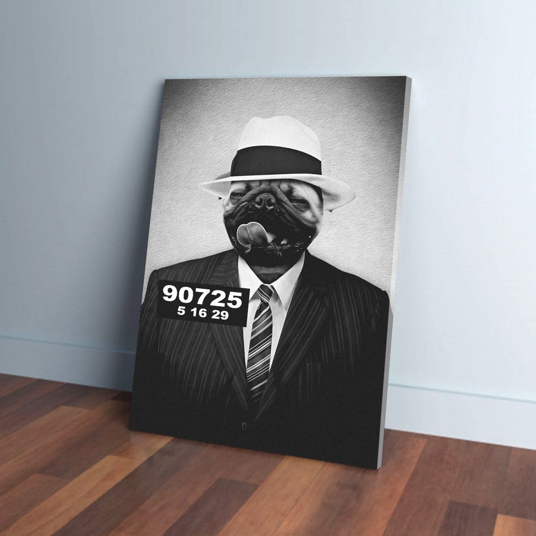 Black and white personalized canvas featuring a pug in a fedora and suit, styled as a mobster mugshot.