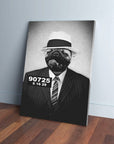 Black and white personalized canvas featuring a pug in a fedora and suit, styled as a mobster mugshot.