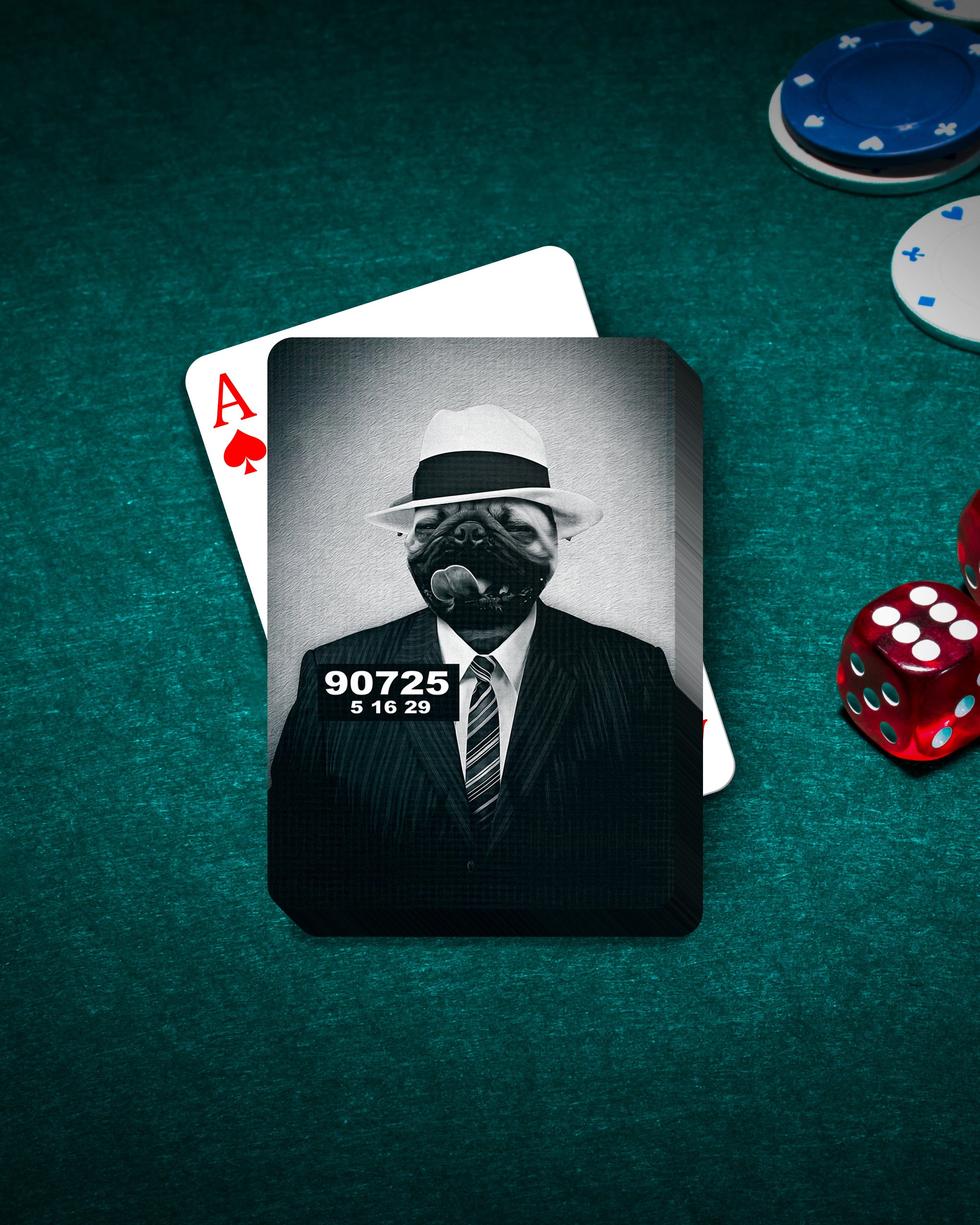 Personalized Al CaBone pet playing cards featuring a pug in a suit and fedora, on a green poker table.