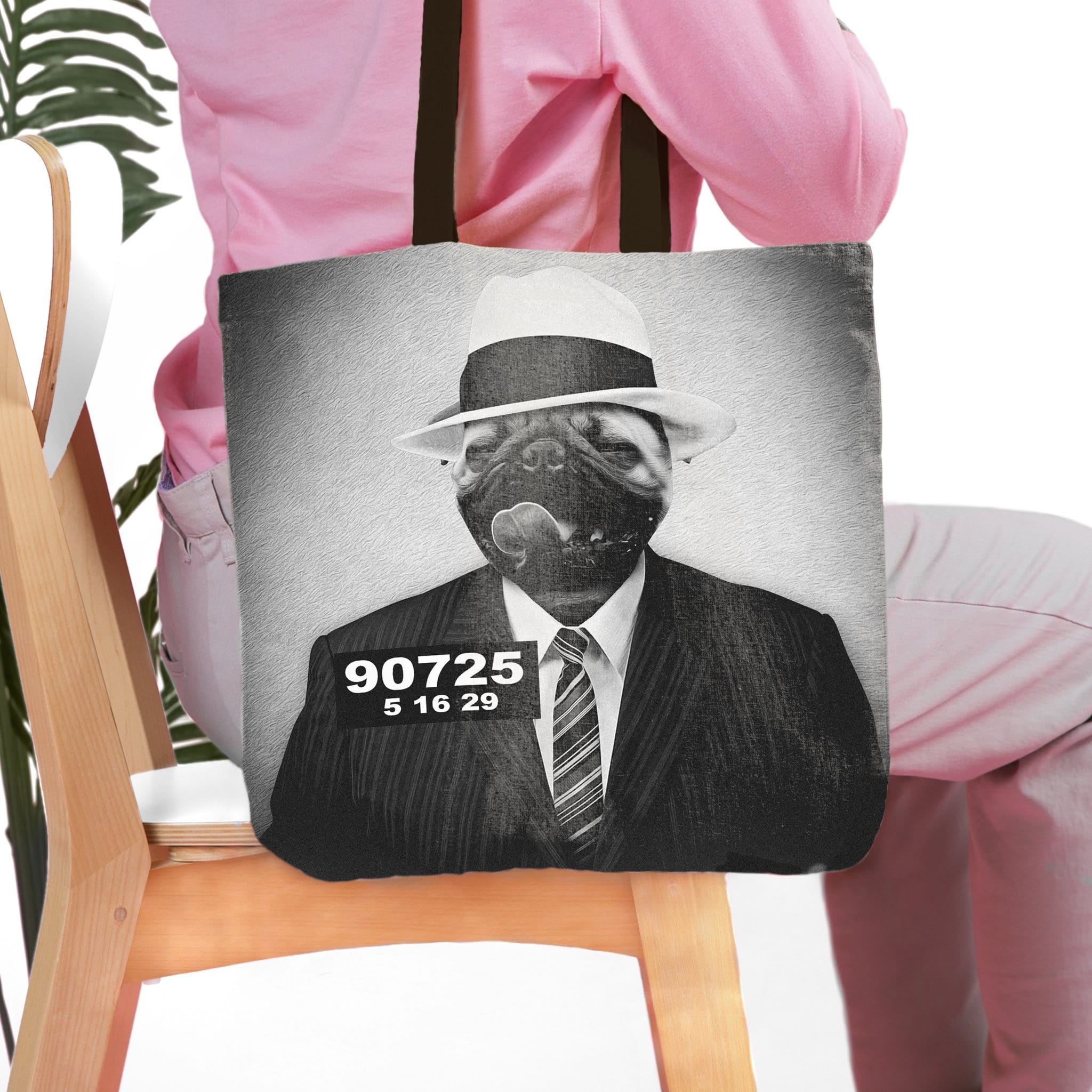 Personalized Al CaBone tote bag with a pug pet portrait in a fedora and suit.