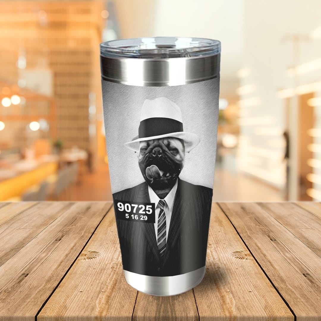 Personalized stainless steel tumbler with a custom black and white pug dog portrait in a fedora and suit.