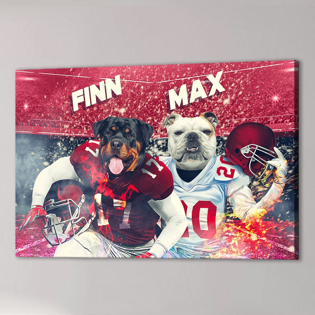 Personalized canvas featuring a Rottweiler and Bulldog in football uniforms with names Finn and Max.