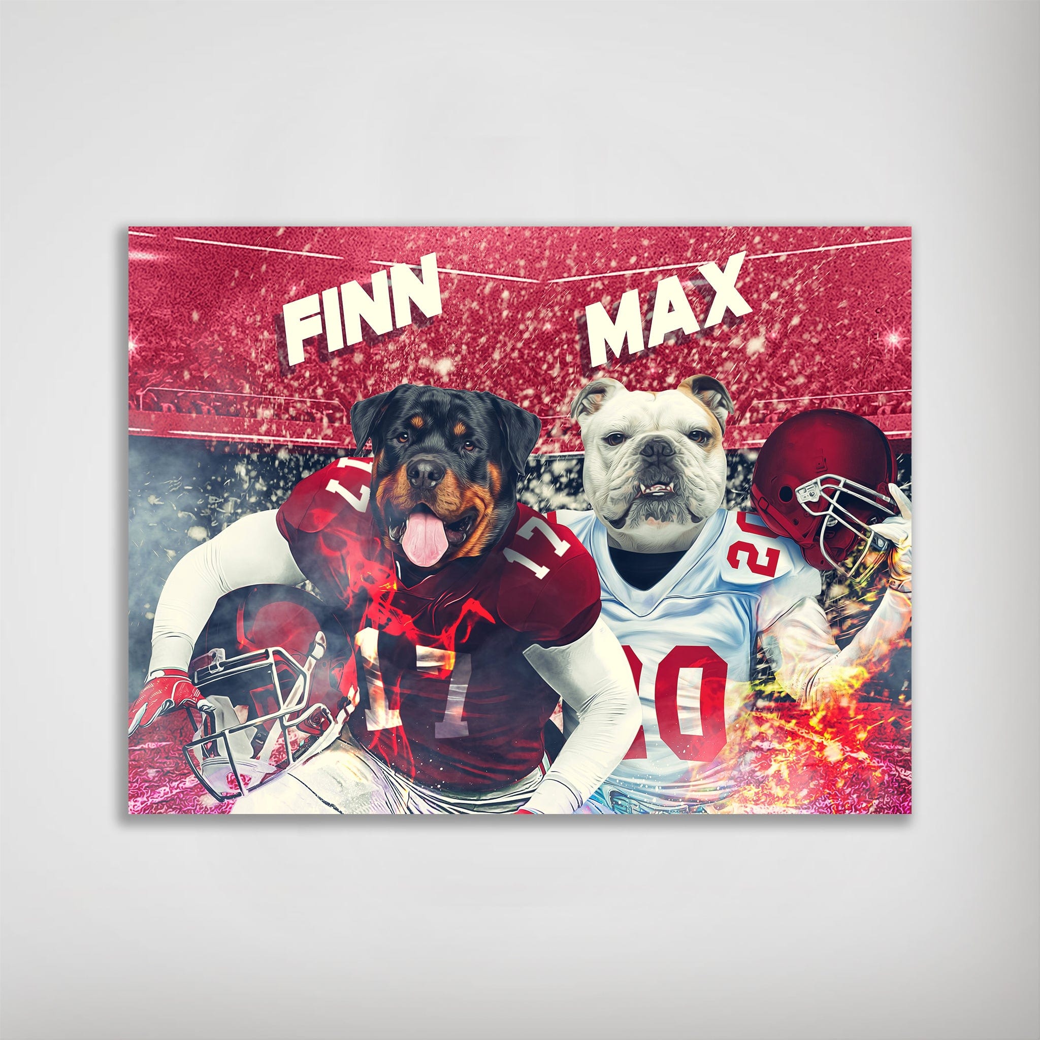 Personalized matte poster featuring two pets as football players, a Rottweiler in red and a bulldog in white, with names "Finn" and "Max" above.