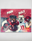 Personalized matte poster featuring two pets as football players, a Rottweiler in red and a bulldog in white, with names "Finn" and "Max" above.