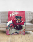 Personalized pet blanket with a Rottweiler in a red football uniform, named Finn, on a stadium background.