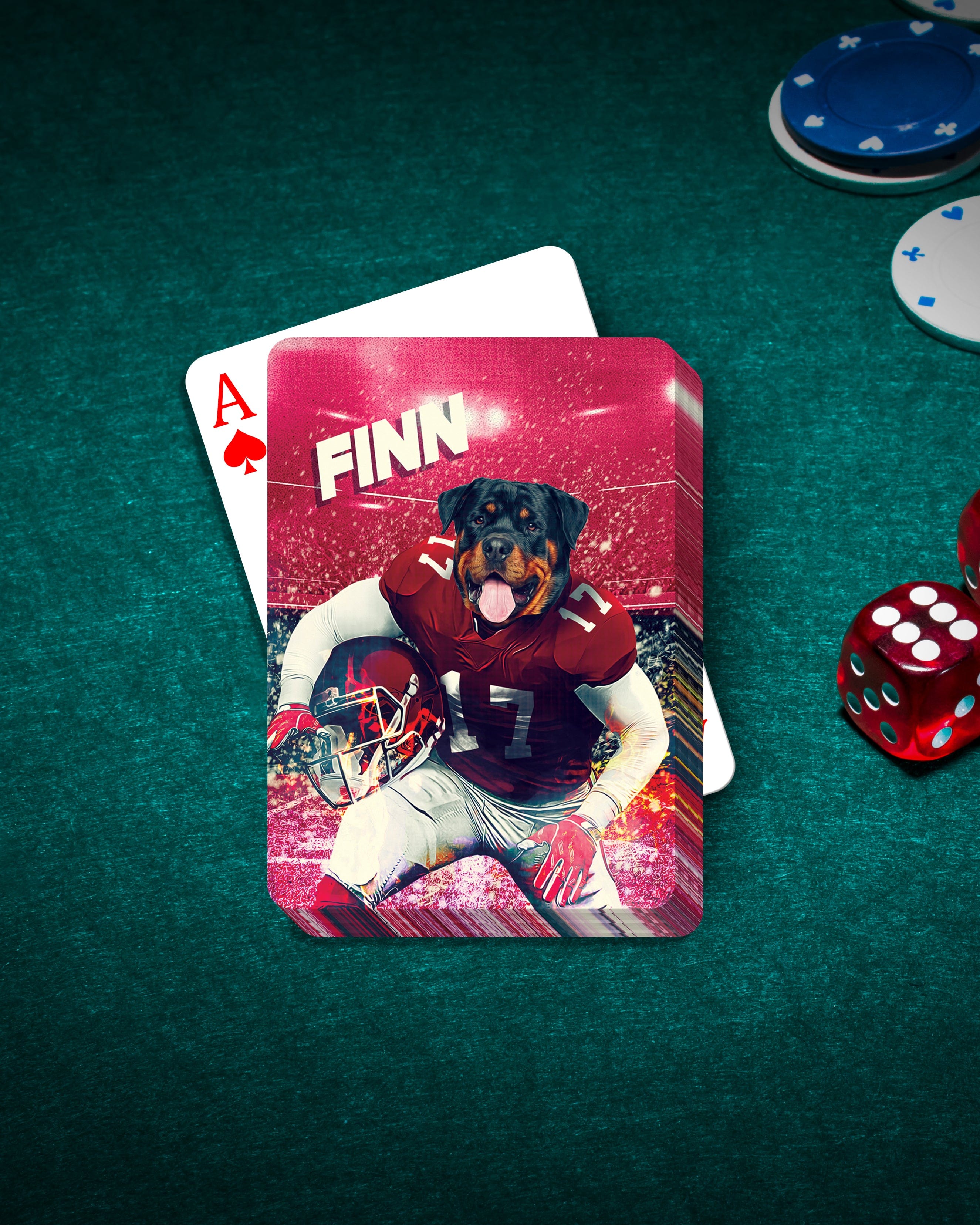 Personalized playing card featuring a Rottweiler in a football uniform, named FINN, on a green felt table.