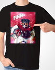 Black Gildan t-shirt with a personalized Rottweiler football player design, featuring "FINN" and a red stadium background.