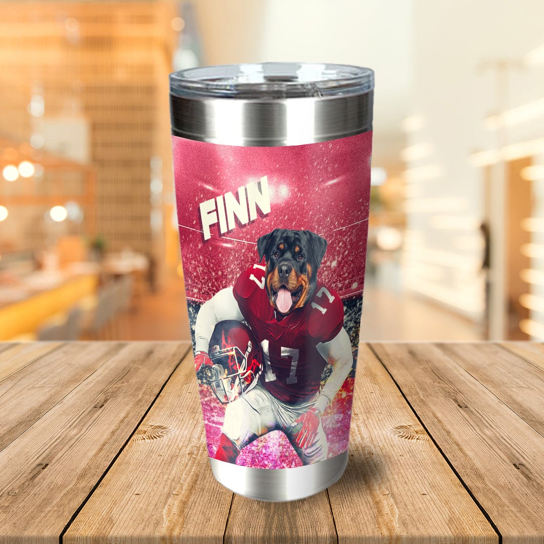 Personalized stainless steel tumbler with a Rottweiler dog in a football uniform on a red background.