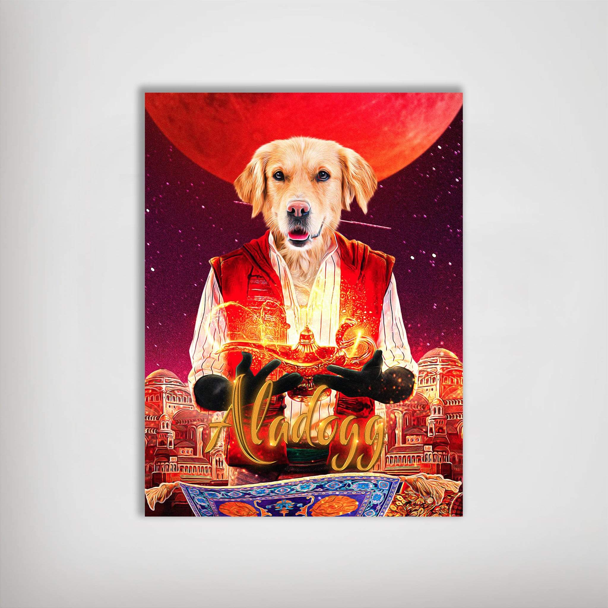 Personalized 'Aladogg' poster featuring a Golden Retriever in a red vest, holding a magic lamp, with an Arabian city and red moon backdrop.
