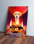 Personalized 'Aladogg' pet canvas featuring a golden retriever in a red vest holding a magic lamp, with a red moon and city in the background.