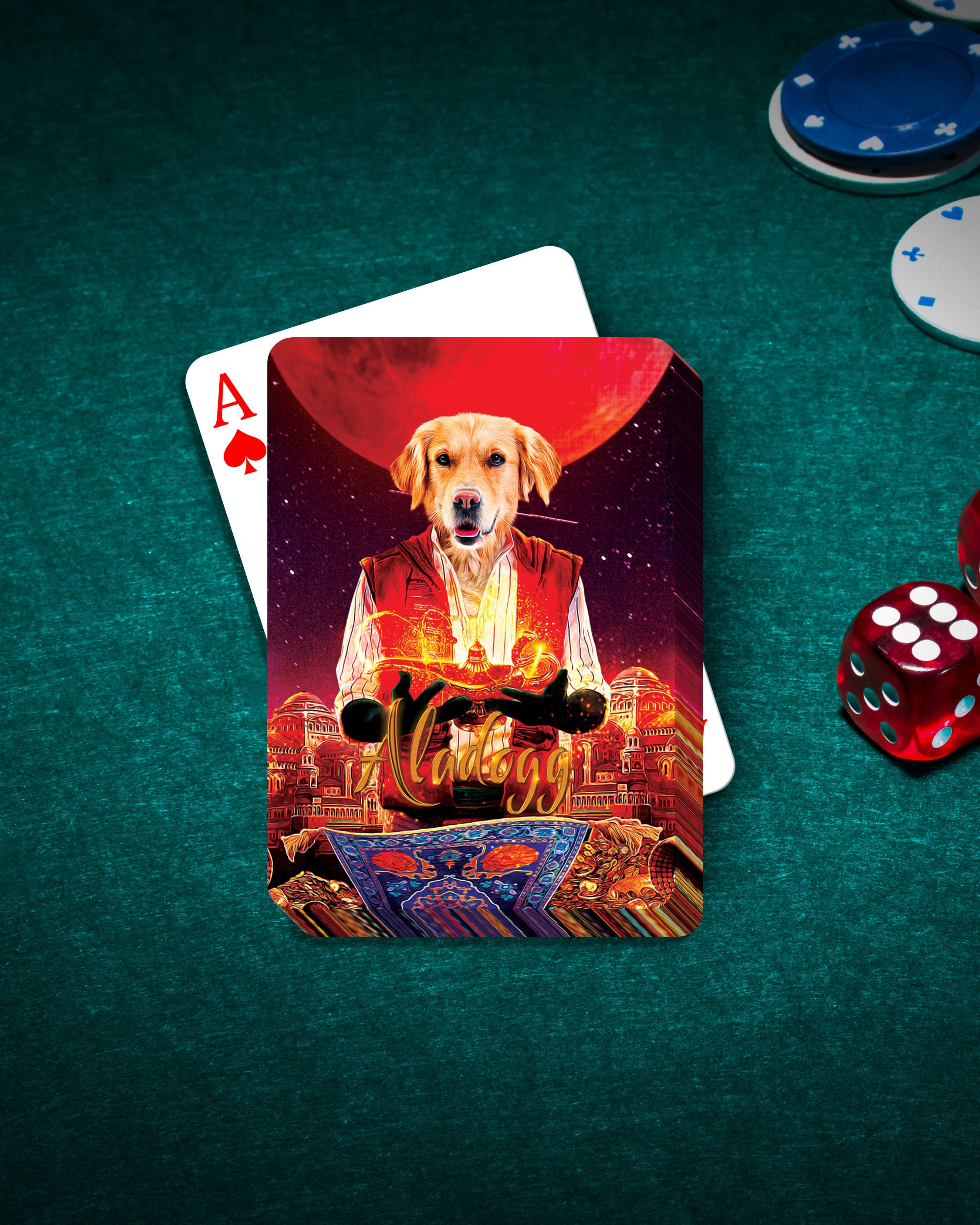 Personalized playing card featuring a golden retriever in a genie costume, on a green felt table with poker chips and dice.