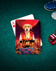 Personalized playing card featuring a golden retriever in a genie costume, on a green felt table with poker chips and dice.