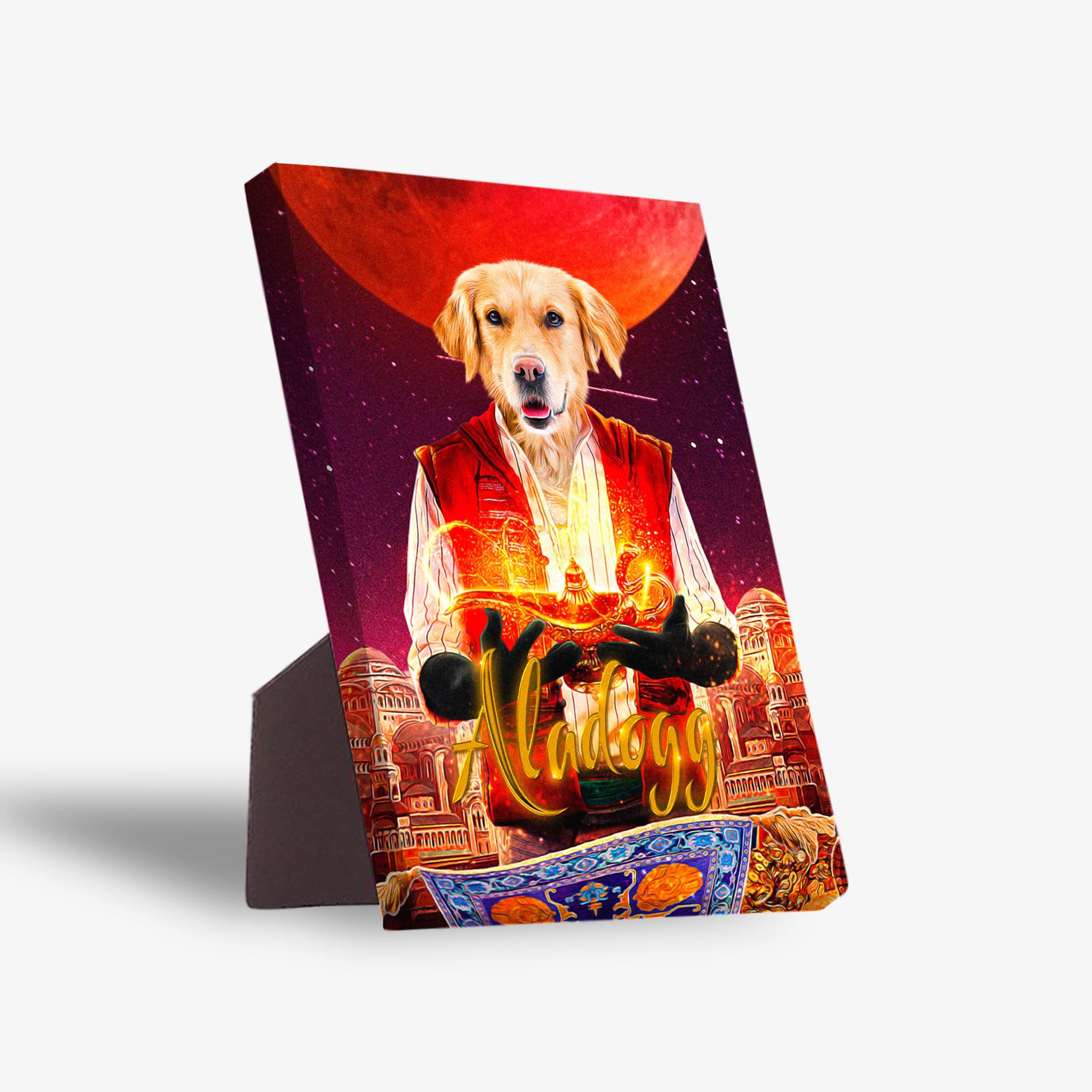 Personalized Aladogg pet standing canvas featuring a Golden Retriever in an Aladdin costume, with a red moon backdrop.