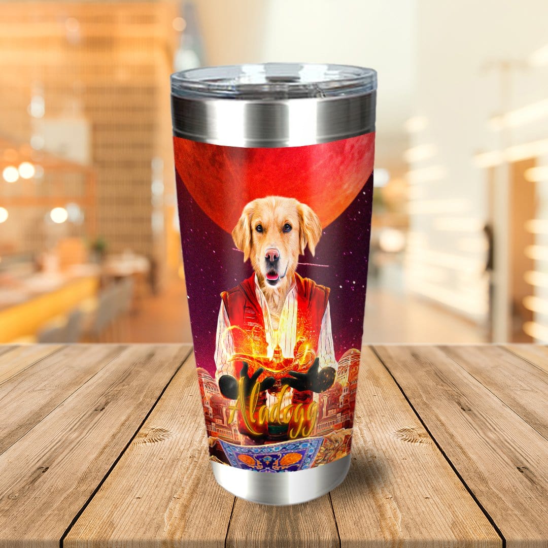 Personalized stainless steel tumbler with a custom Golden Retriever pet portrait in a fantasy style.