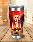 Personalized stainless steel tumbler with a custom Golden Retriever pet portrait in a fantasy style.