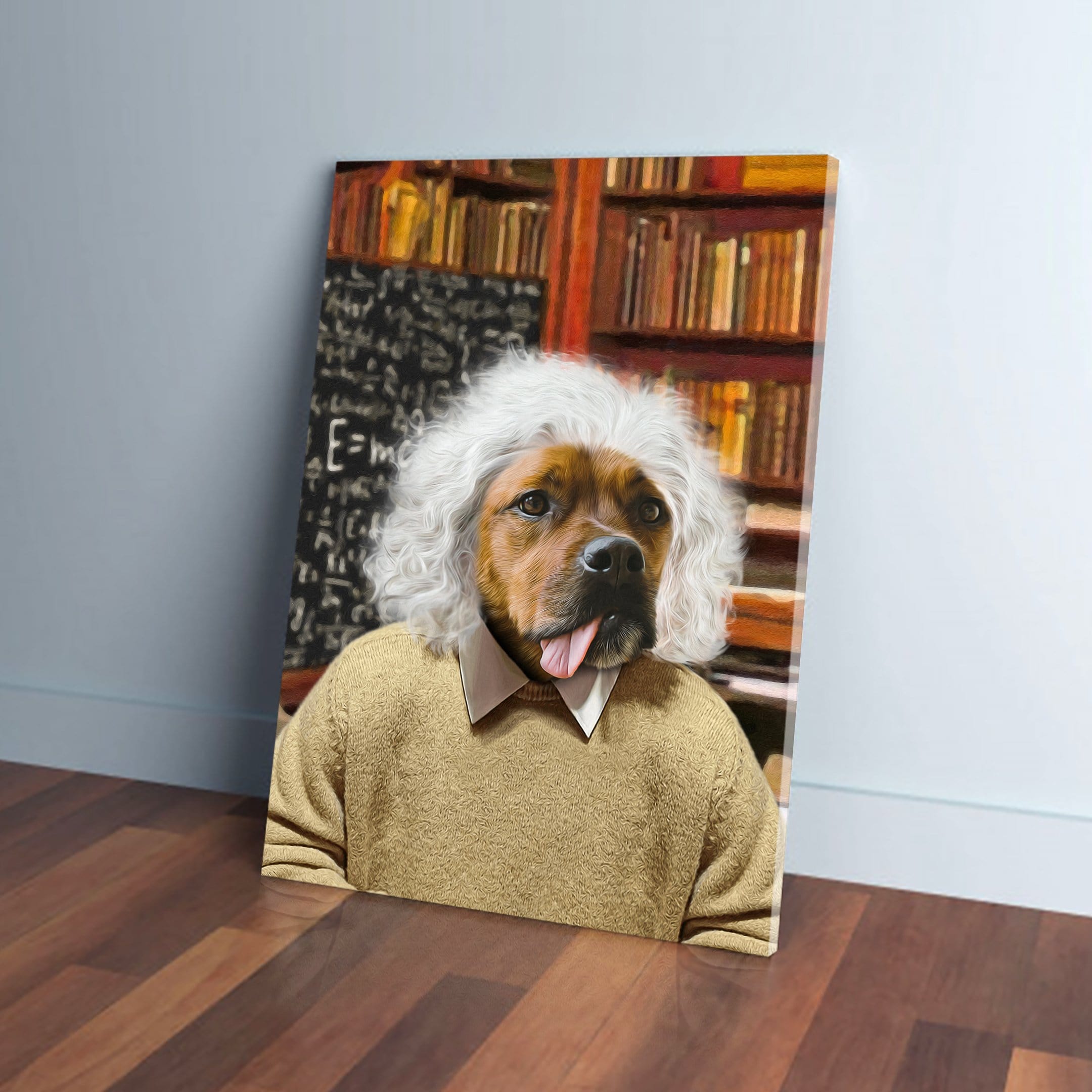 Personalized 'Albert Pawstein' pet canvas featuring a dog in a wig and sweater against a library backdrop.
