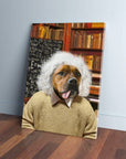 Personalized 'Albert Pawstein' pet canvas featuring a dog in a wig and sweater against a library backdrop.