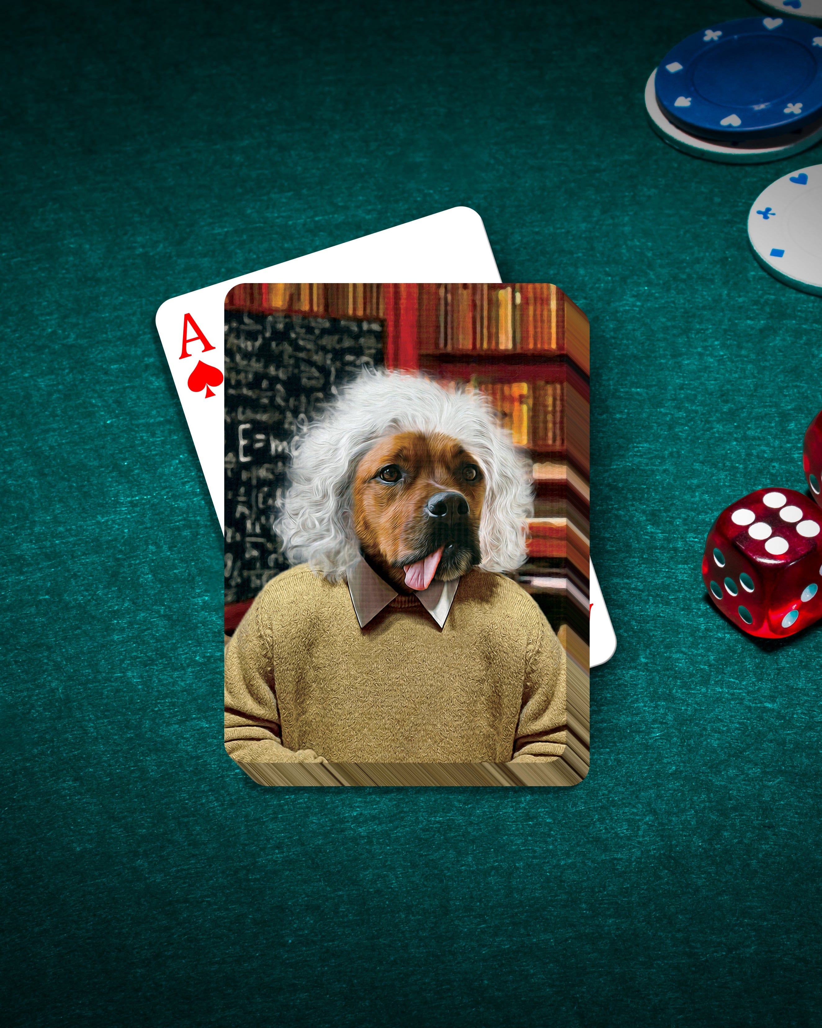 Personalized pet playing card featuring a dog in an "Albert Pawstein" scientist portrait on a green felt table.