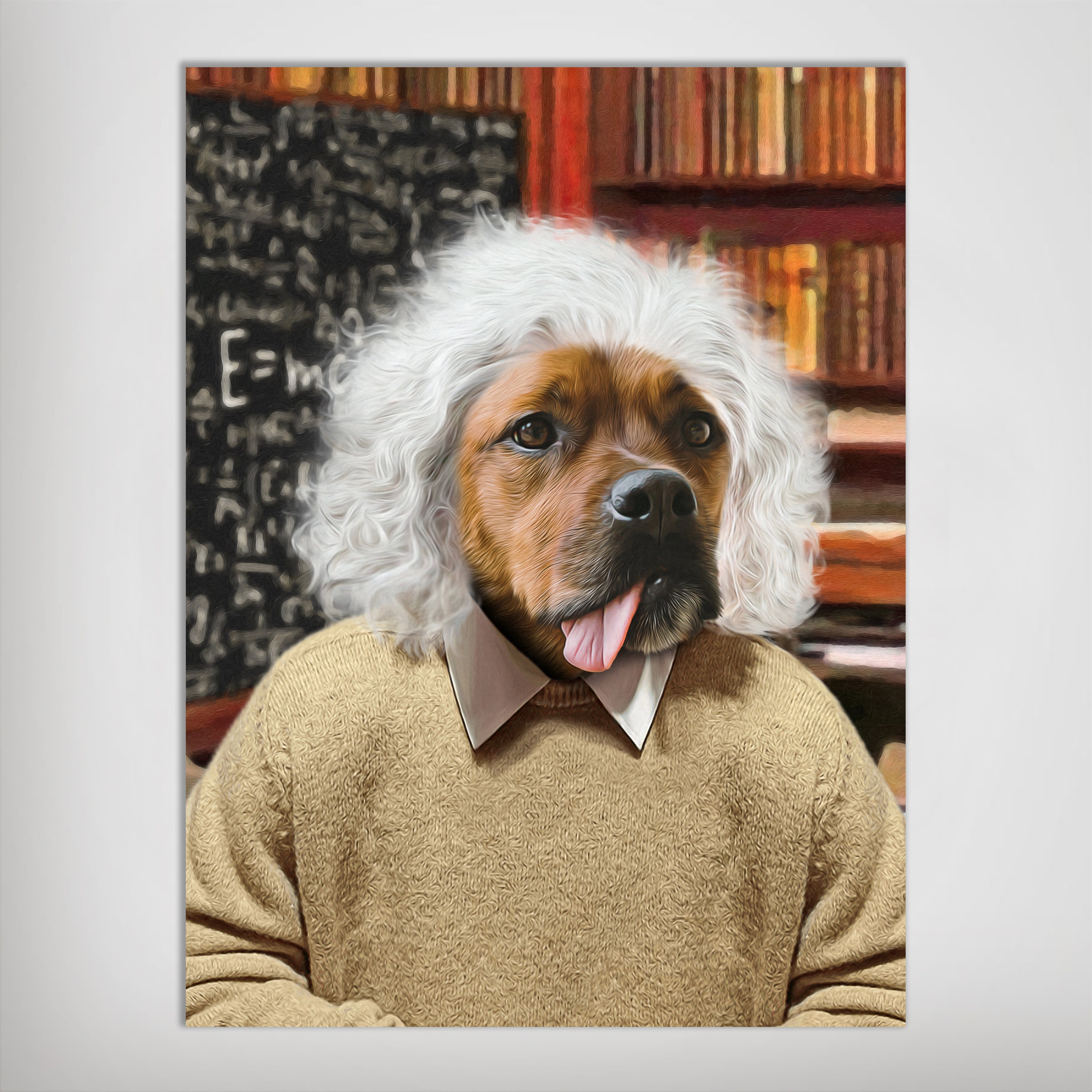 Personalized pet poster featuring a dog as Albert Einstein with white hair and a tongue sticking out.