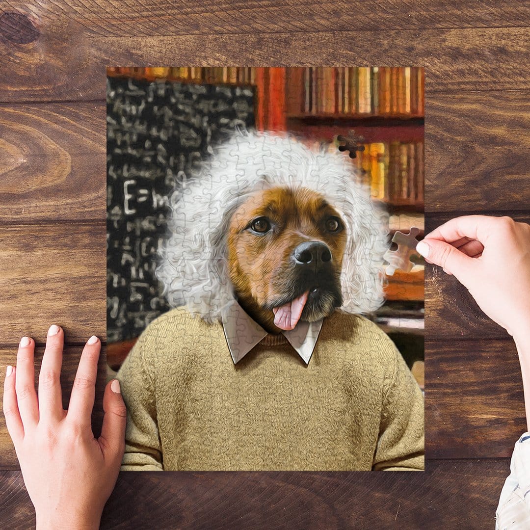 Personalized 'Albert Pawstein' dog portrait puzzle with a brown dog wearing a white wig and sweater.