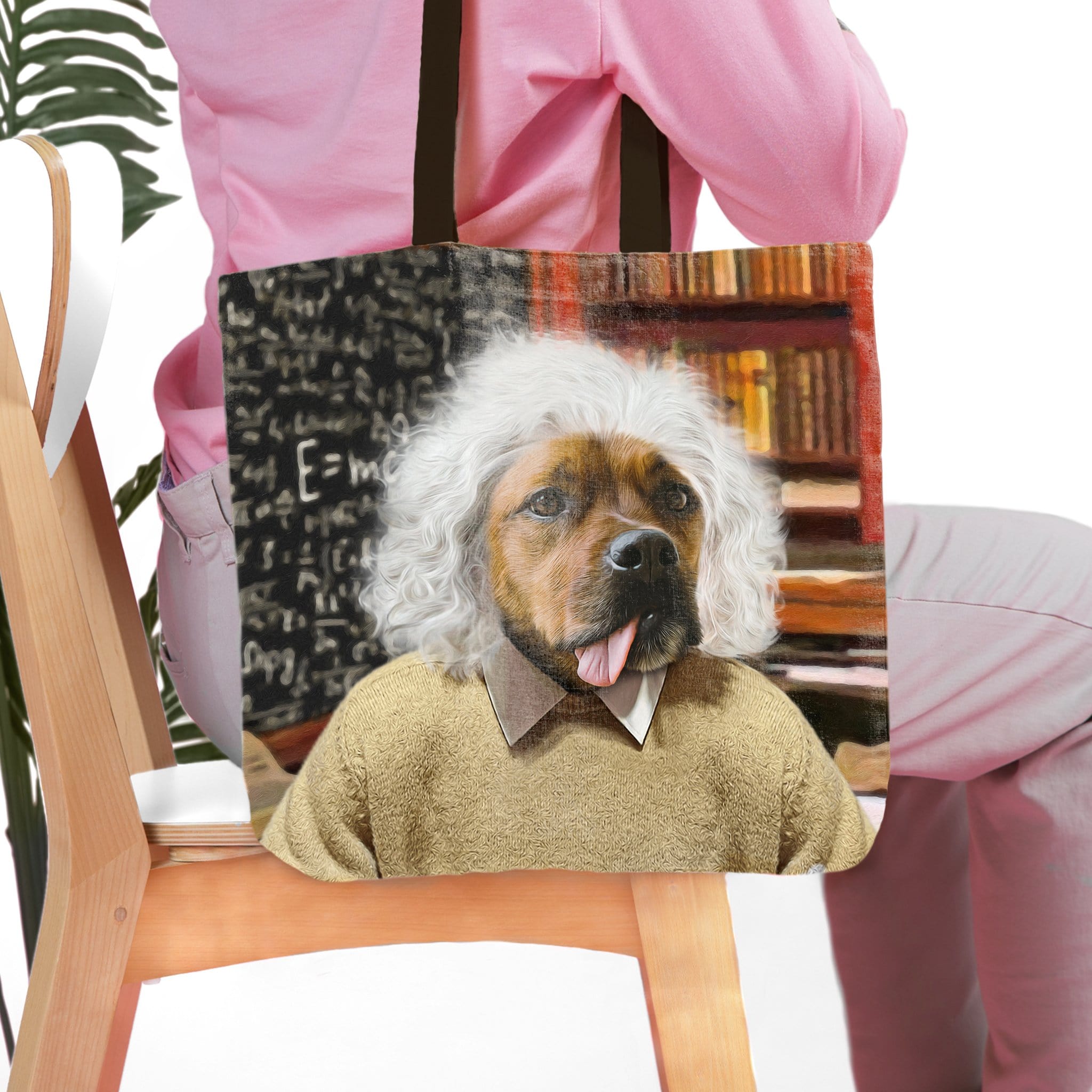 Personalized 'Albert Pawstein' pet portrait tote bag featuring a dog in a sweater.