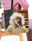 Personalized 'Albert Pawstein' pet portrait tote bag featuring a dog in a sweater.