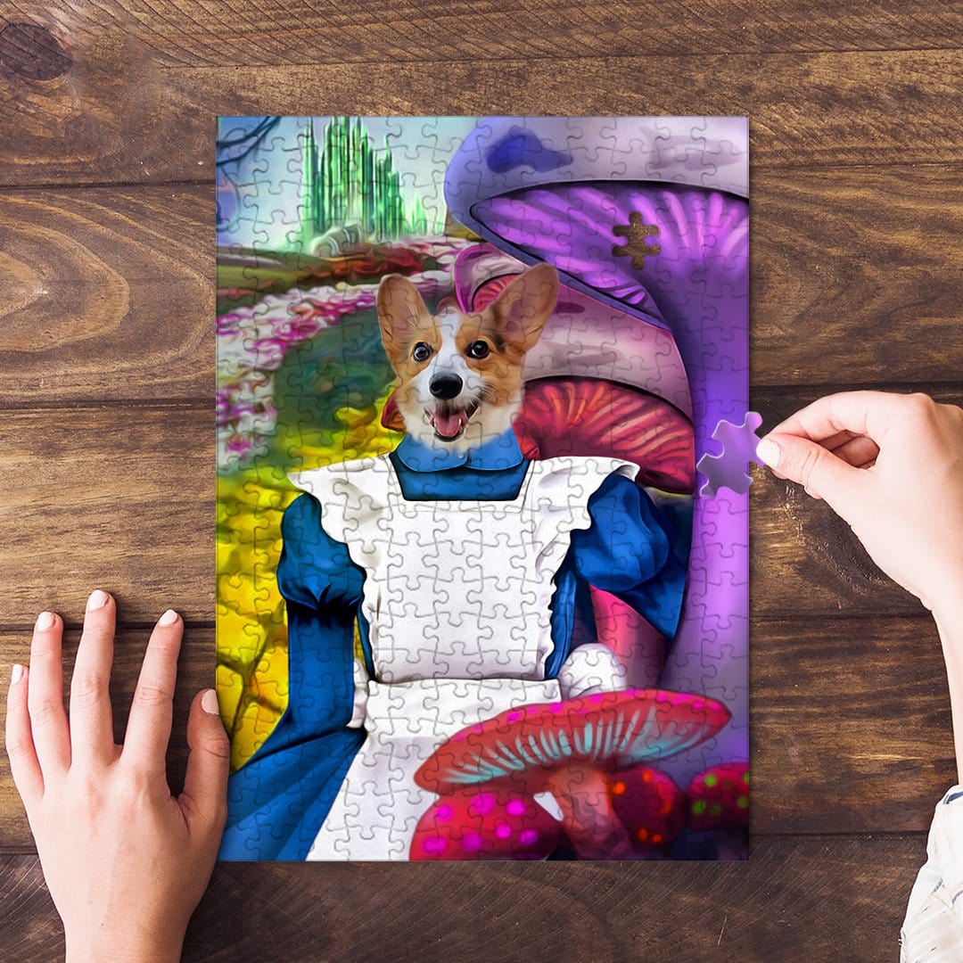 Personalized 'Alice in Doggoland' puzzle featuring a corgi in a blue dress, with colorful mushrooms and a castle.