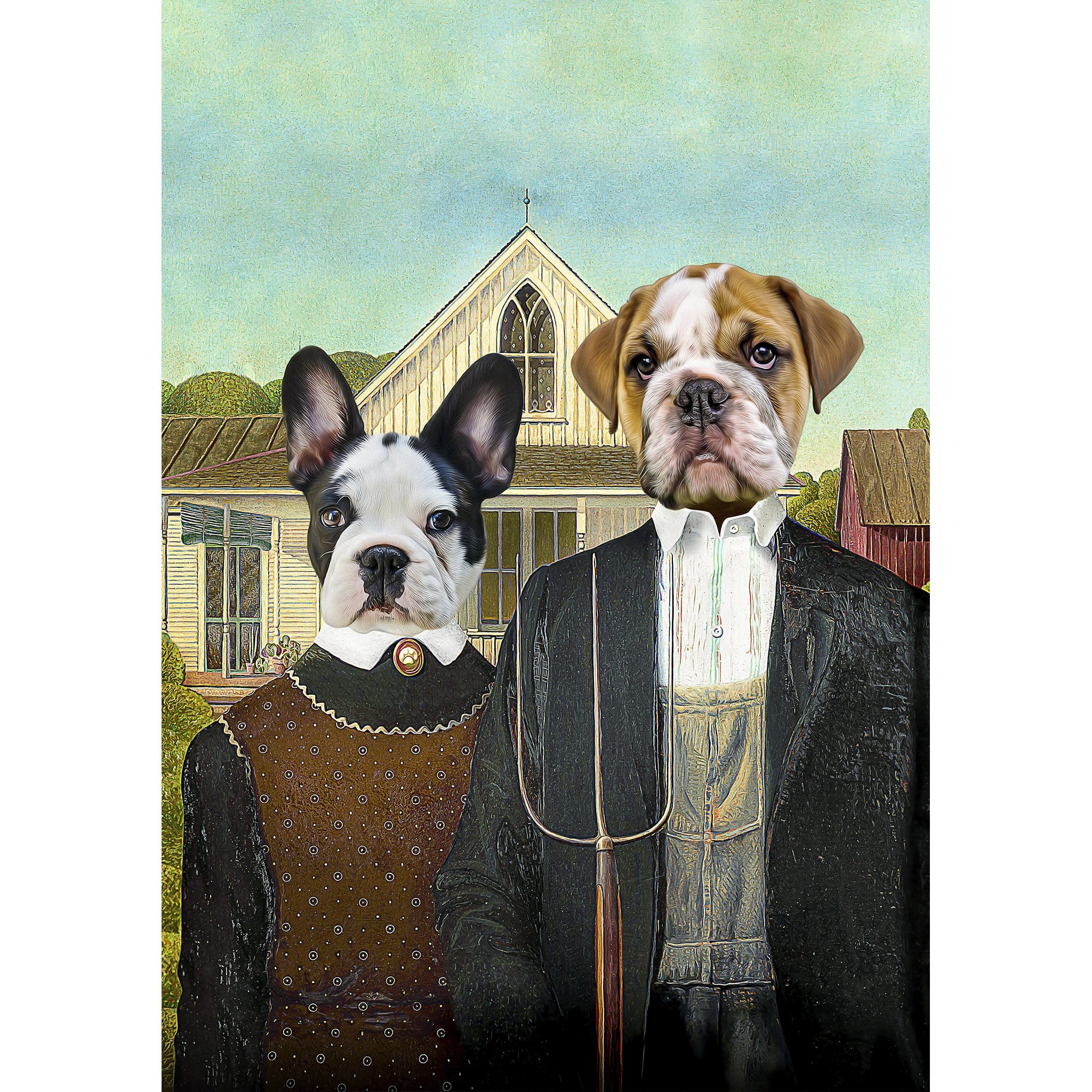 Custom 'American Pawthic' digital portrait of two pets, a French Bulldog and an English Bulldog.