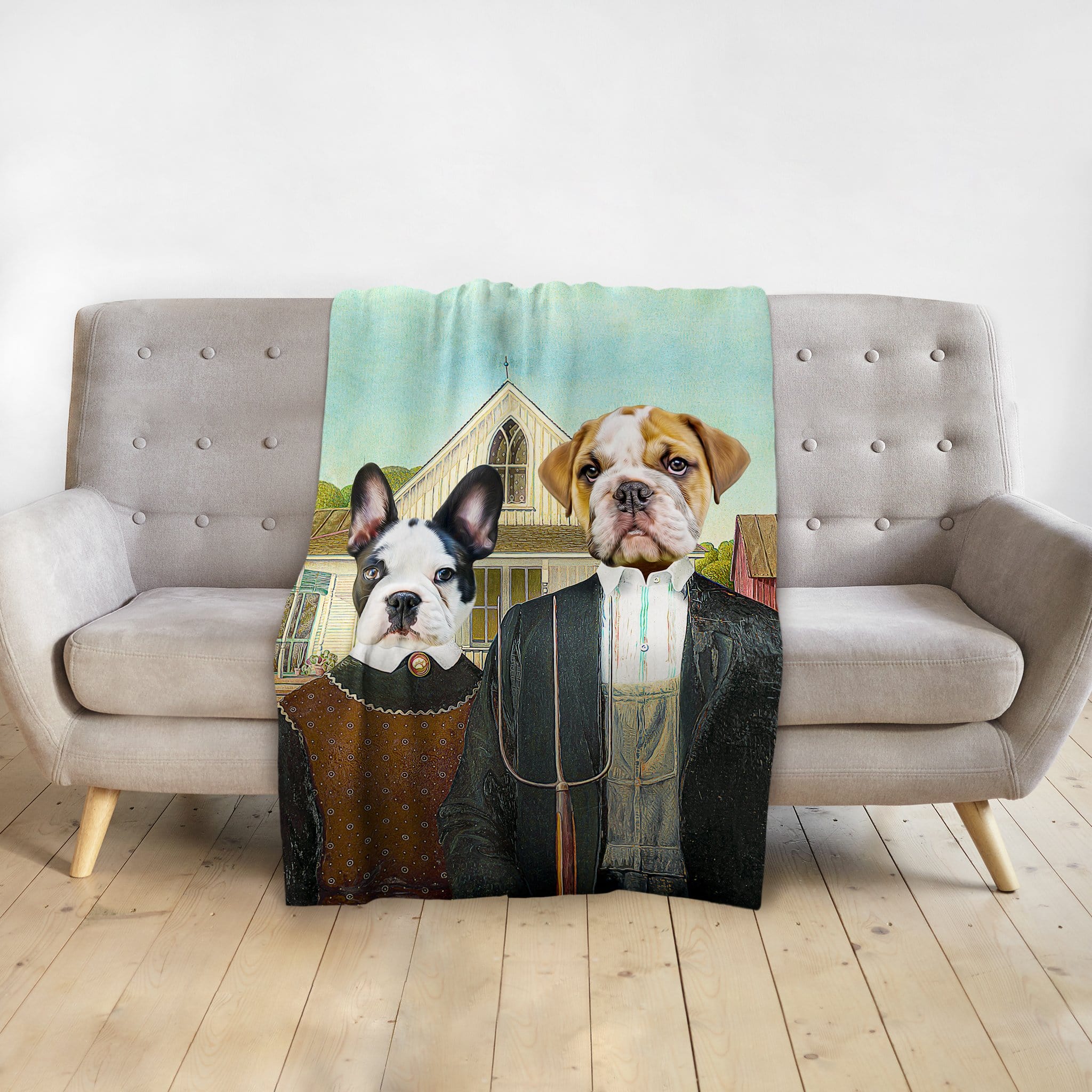 Personalized 'American Pawthic' pet blanket with custom bulldog and French bulldog portraits.