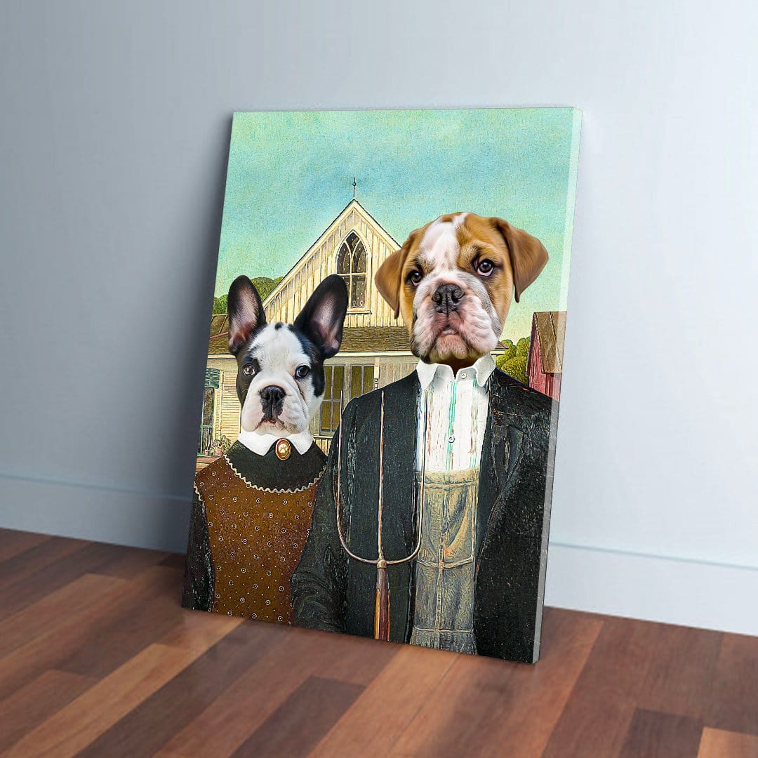 Personalized 'American Pawthic' canvas featuring a French Bulldog and Bulldog in classic attire.