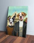 Personalized 'American Pawthic' canvas featuring a French Bulldog and Bulldog in classic attire.