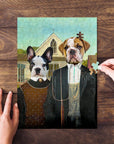 Custom 'American Pawthic' personalized puzzle featuring two pets, a bulldog and a French bulldog, in a renaissance style.