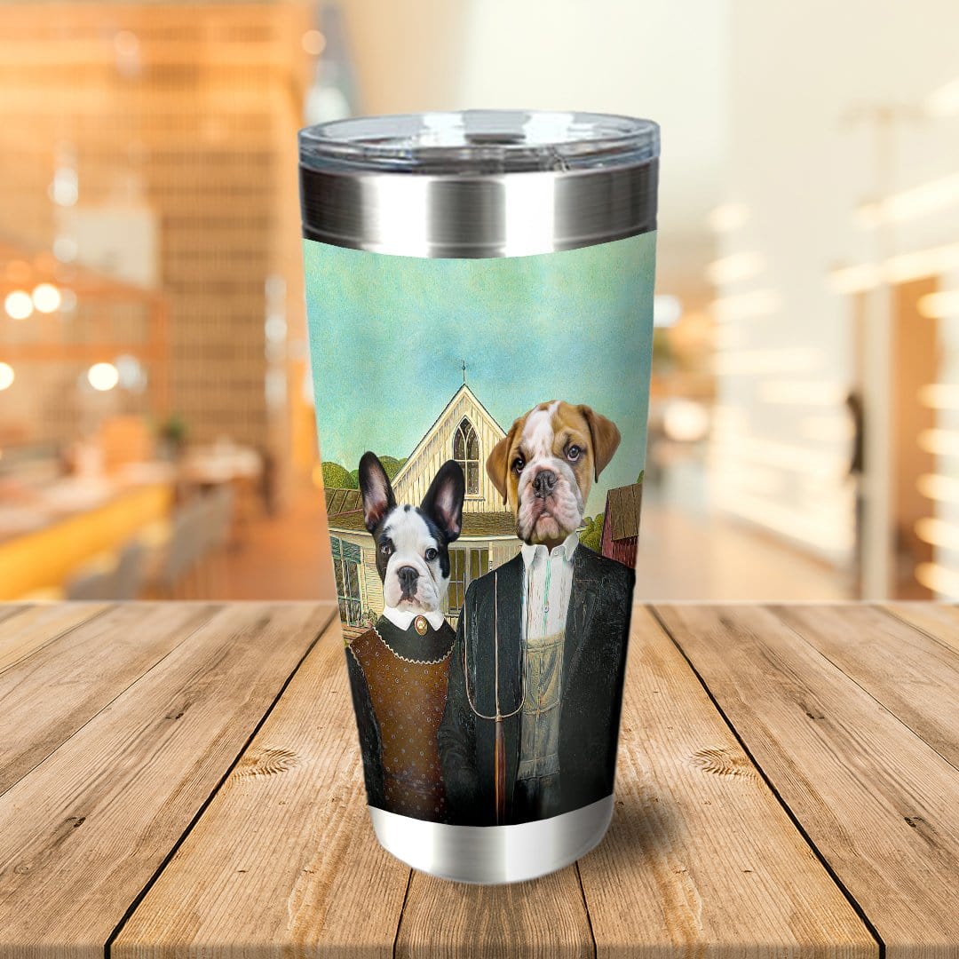 Personalized American Pawthic 2-pet tumbler with custom bulldog and French bulldog portraits.